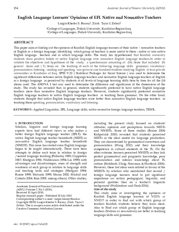 (PDF) English Language Learners' Opinions of EFL Native and Nonnative ...
