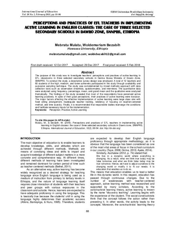 (PDF) Perceptions and Practices of Efl Teachers in Implementing Active ...