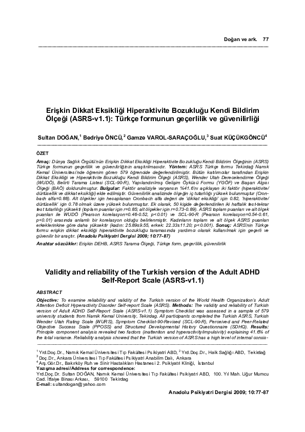 Pdf Validity And Reliability Of The Turkish Version Of The Adult