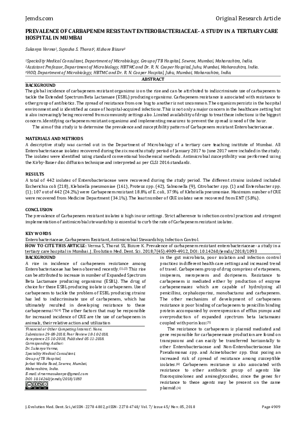 (PDF) Prevalence of Carbapenem Resistant Enterobacteriaceae- a Study in ...