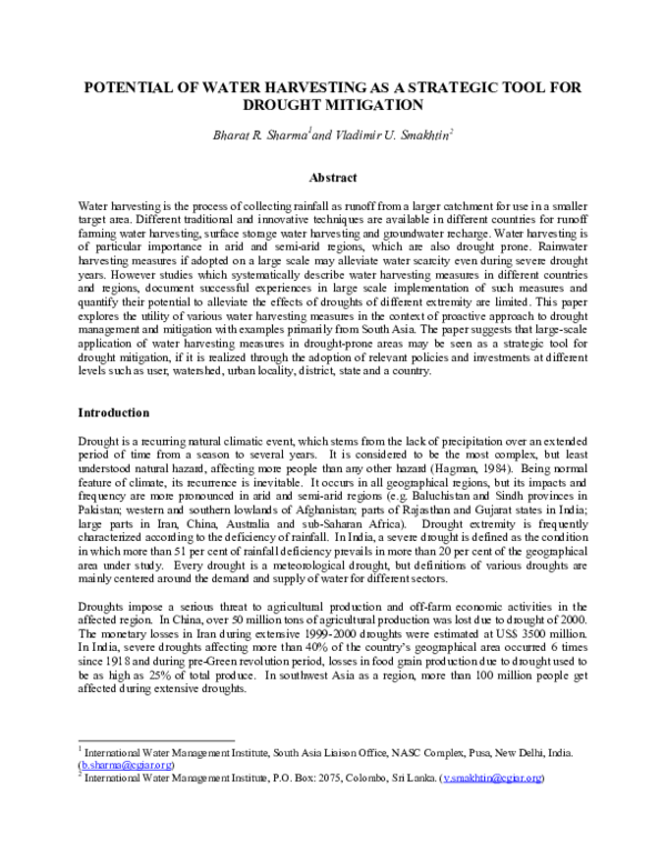 (PDF) Potential of water harvesting as a strategic tool for drought ...