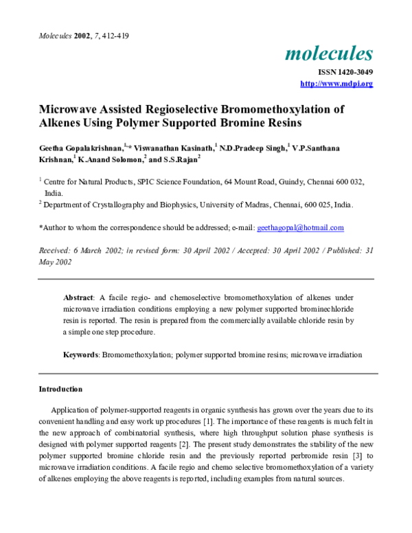 (PDF) Microwave Assisted Regioselective Bromomethoxylation of Alkenes ...