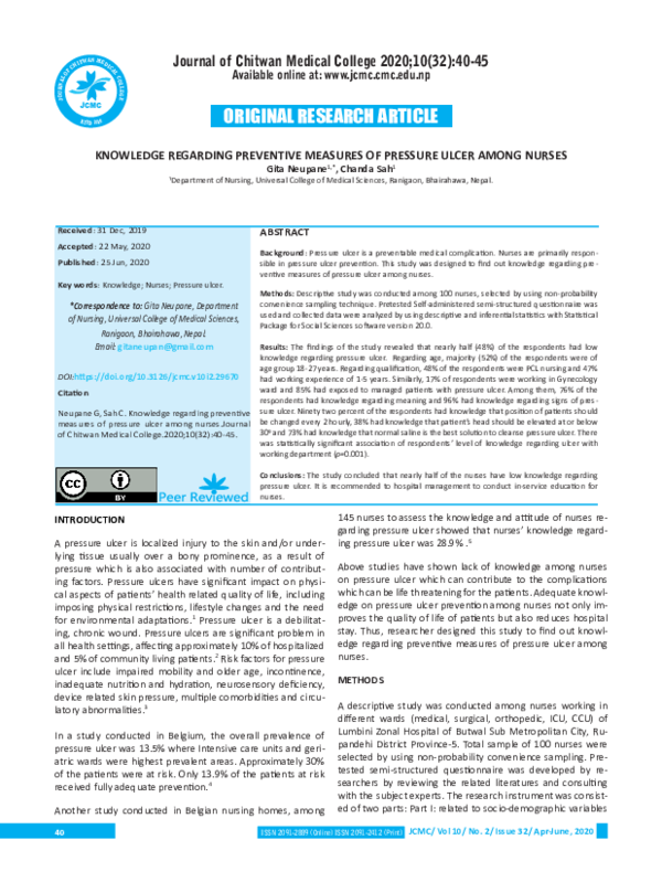 (PDF) Knowledge regarding preventive measures of pressure ulcer among ...