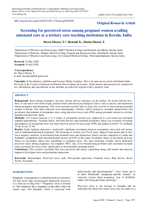 (PDF) Screening for perceived stress among pregnant women availing