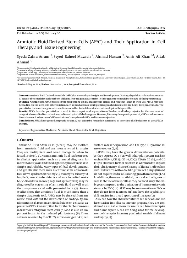 (PDF) Amniotic Fluid-Derived Stem Cells (AFSC) and Their Application in ...