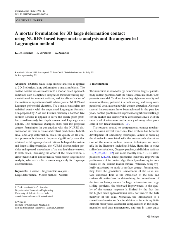 (PDF) A mortar formulation for 3D large deformation contact using NURBS ...