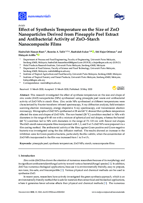 (PDF) Effect of Synthesis Temperature on the Size of ZnO Nanoparticles ...