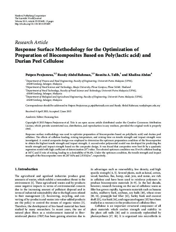 (PDF) Response Surface Methodology for the Optimization of Preparation ...
