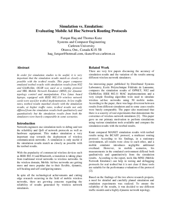 (PDF) Simulation vs. Emulation: Evaluating Mobile Ad Hoc Network ...