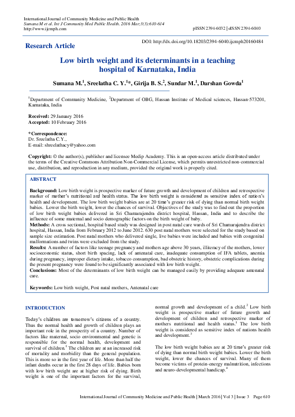 (PDF) Low birth weight and its determinants in a teaching hospital of ...