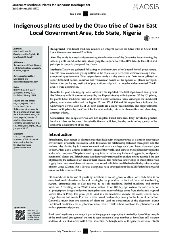 (PDF) Indigenous plants used by the Otuo tribe of Owan East Local ...