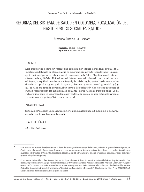 (PDF) Reforma del sistema de salud en Colombia: focalización del gasto ...