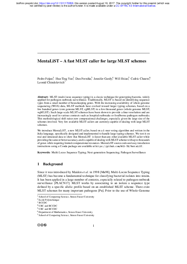 (PDF) MentaLiST - A fast MLST caller for large MLST schemes