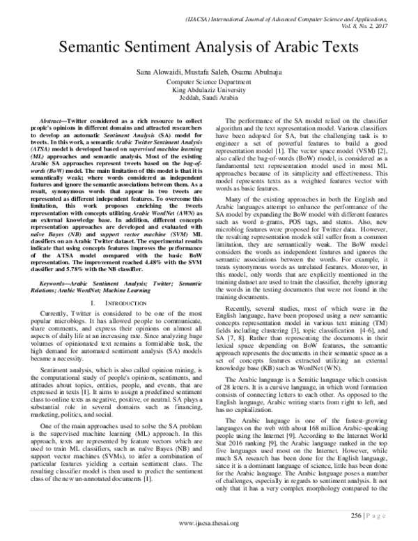 (PDF) Semantic Sentiment Analysis of Arabic Texts