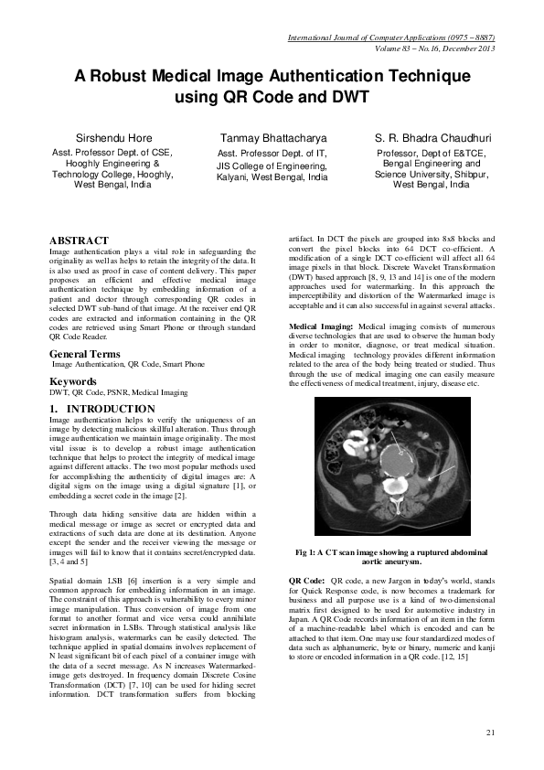 (PDF) A Robust Medical Image Authentication Technique using QR Code and DWT