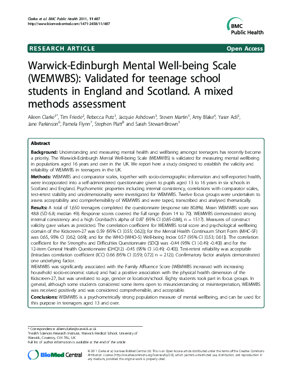 (PDF) Warwick-Edinburgh Mental Well-being Scale (WEMWBS): Validated for ...