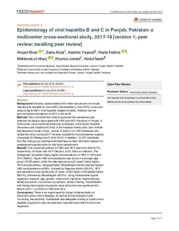 (PDF) Epidemiology of viral hepatitis B and C in Punjab, Pakistan: a ...