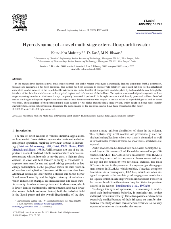 (PDF) Hydrodynamics of a novel multi-stage external loop airlift reactor