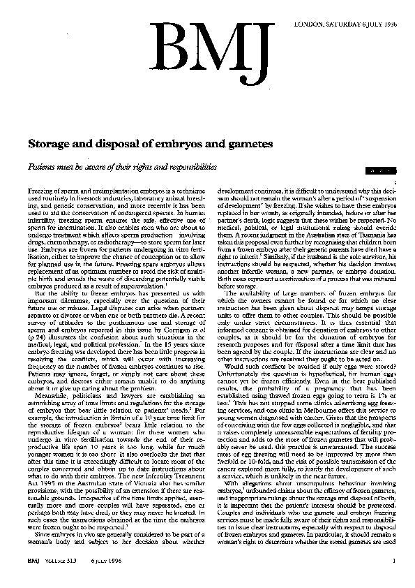 (PDF) Storage and disposal of embryos and gametes