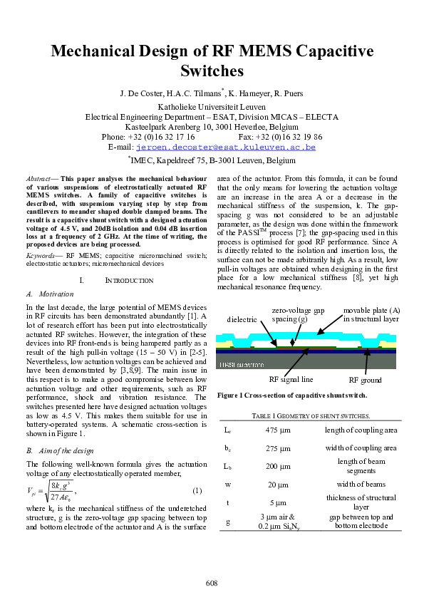(PDF) Mechanical Design of RF MEMS Capacitive Switches