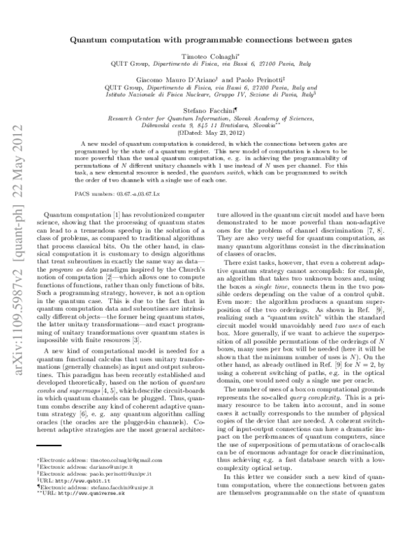 (PDF) Quantum computation with programmable connections between gates