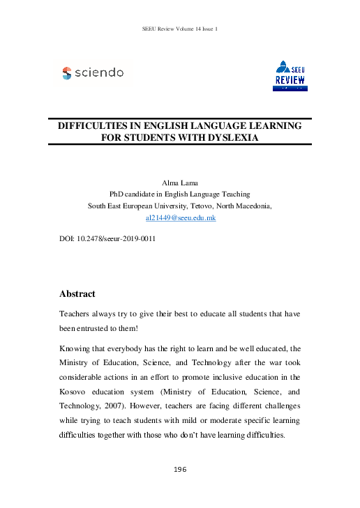 (PDF) Difficulties in English Language Learning for Students with Dyslexia