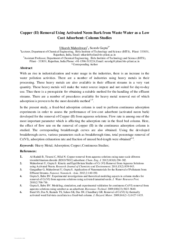 (PDF) Copper (II) Removal Using Activated Neem Bark from Waste Water as ...