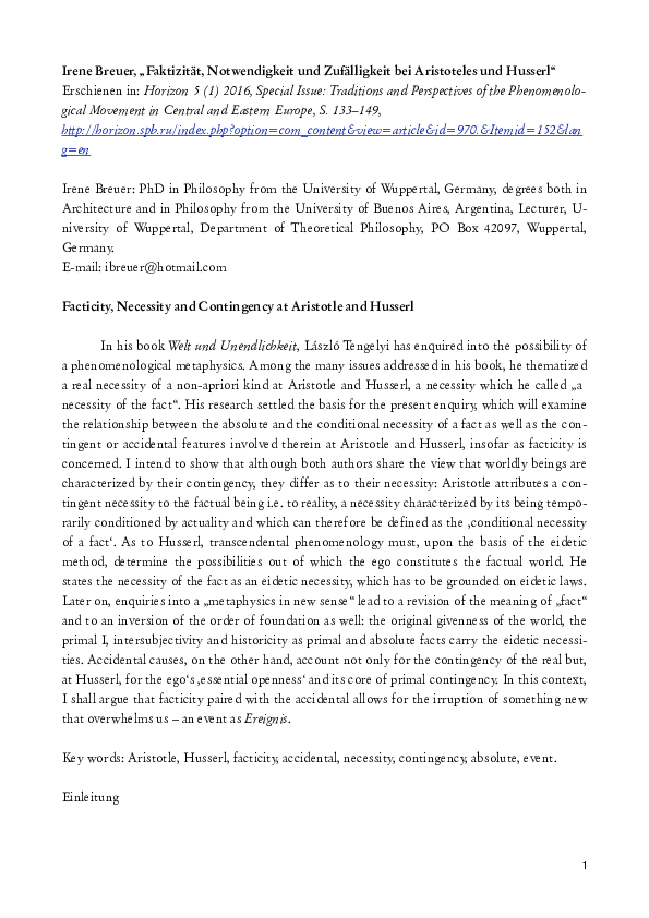 (PDF) Facticity, Necessity and Contingency at Aristotle and Husserl