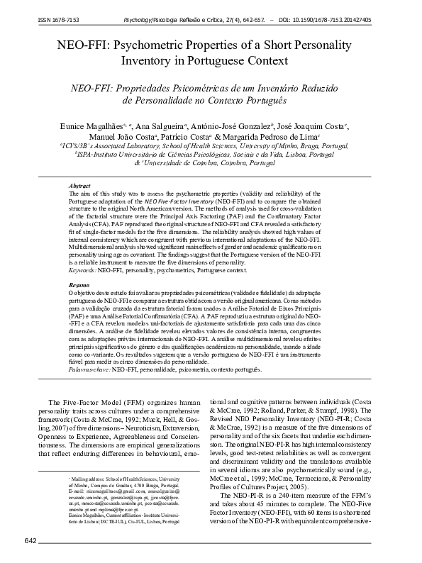 (PDF) NEO-FFI: Psychometric properties of a short personality inventory ...