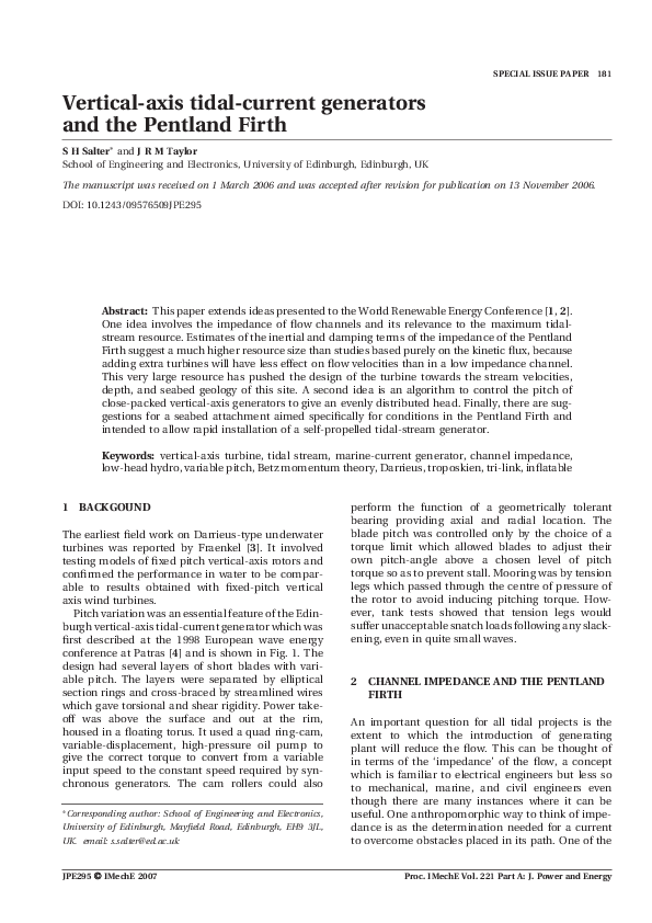(PDF) Vertical-axis tidal-current generators and the Pentland Firth