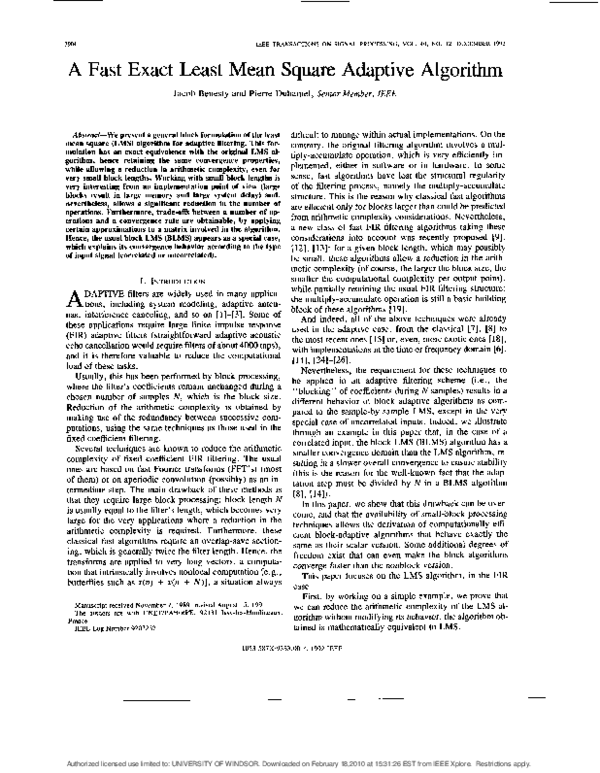 (PDF) A fast exact least mean square adaptive algorithm