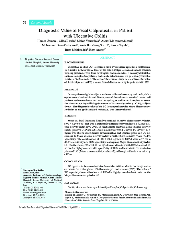(PDF) Diagnostic value of fecal calprotectin in patient with ulcerative ...