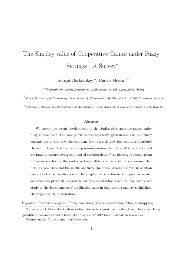(PDF) The Shapley value of cooperative games under fuzzy settings: A survey
