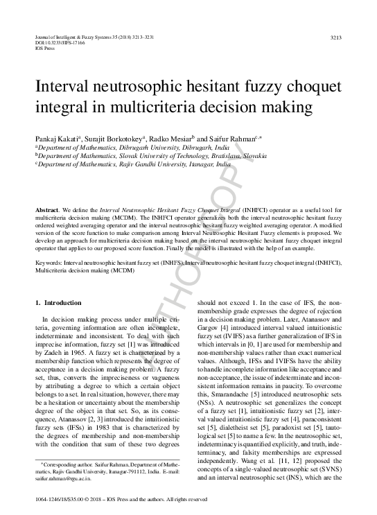 (PDF) Interval neutrosophic hesitant fuzzy choquet integral in ...