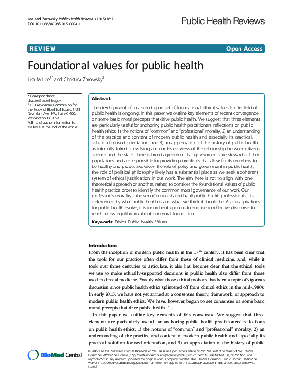 (PDF) Foundational values for public health