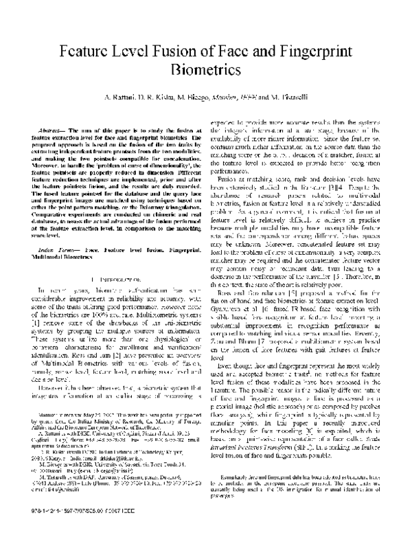 (PDF) Feature Level Fusion of Face and Fingerprint Biometrics