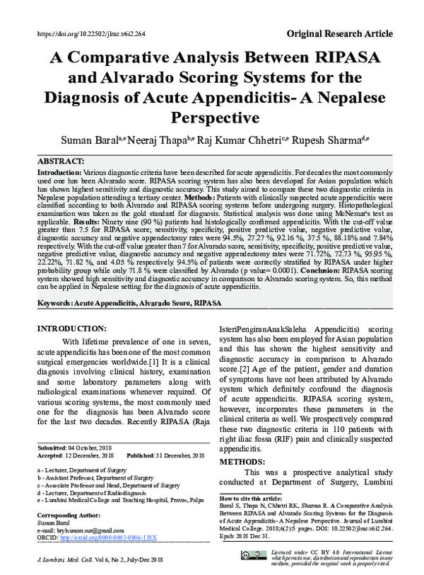 (PDF) A Comparative Analysis Between RIPASA and Alvarado Scoring ...