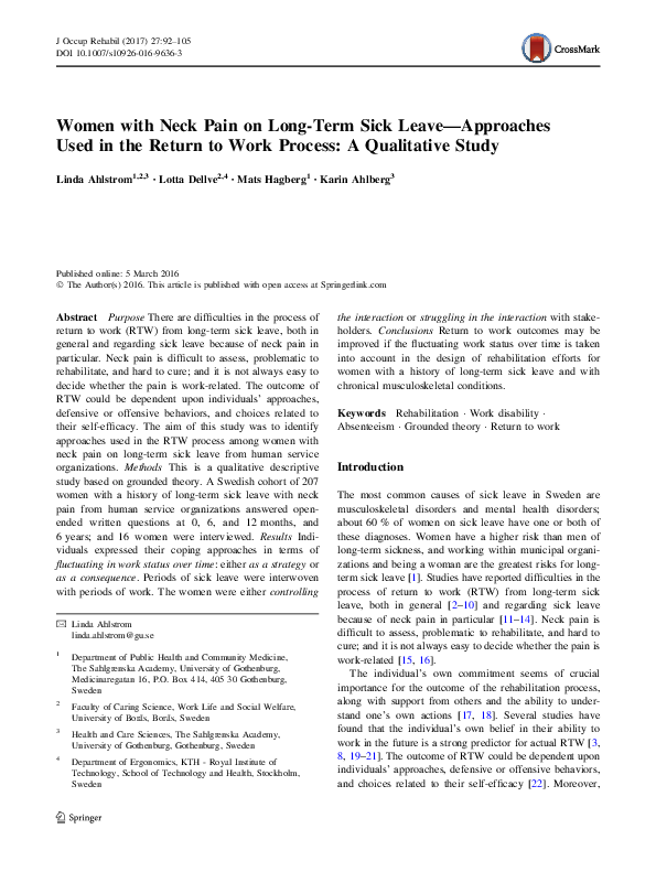  PDF Women With Neck Pain On Long Term Sick Leave Approaches Used In The Return To Work Process 