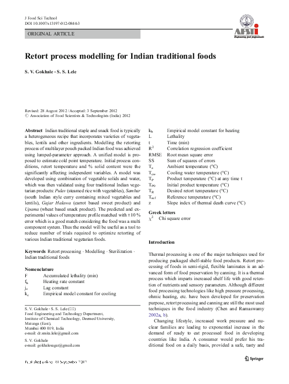 (PDF) Retort process modelling for Indian traditional foods