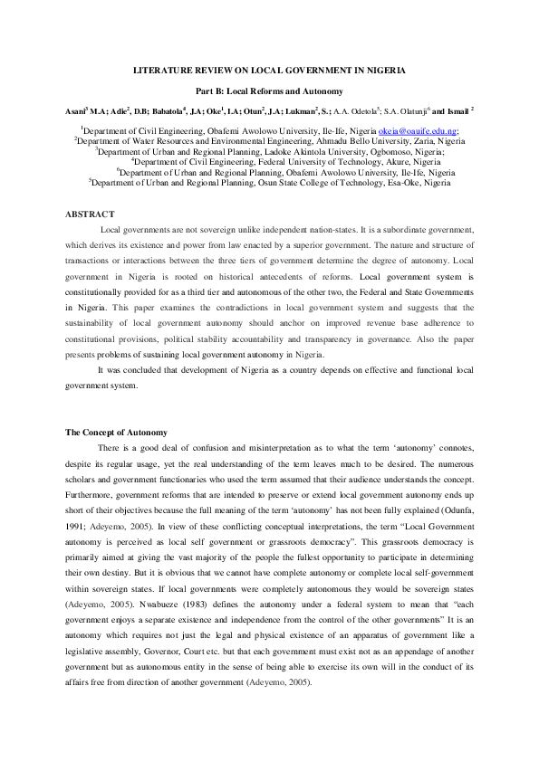 (PDF) Literature Review on Local Government in Nigeria - Part A ...