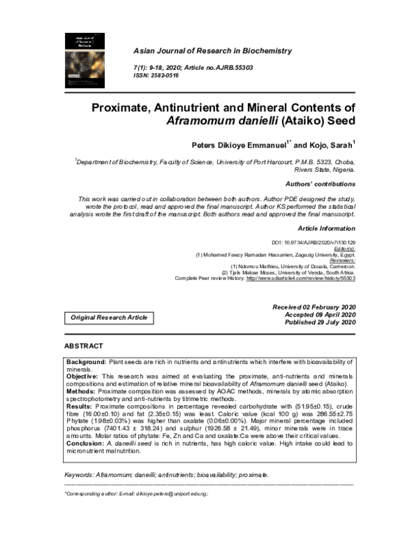 (PDF) Proximate, Antinutrient and Mineral Contents of Aframomum ...