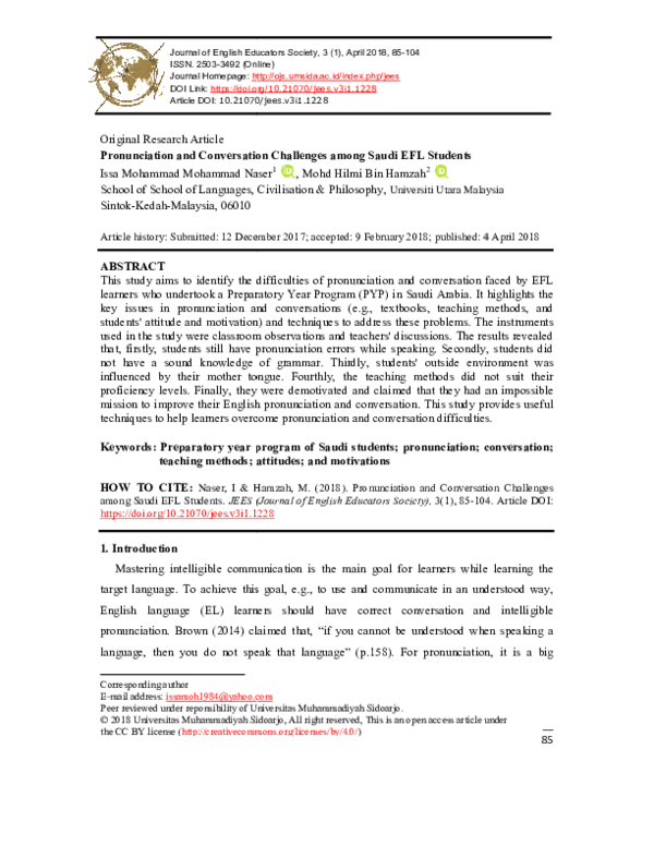 (PDF) Pronunciation and Conversation Challenges among Saudi EFL Students