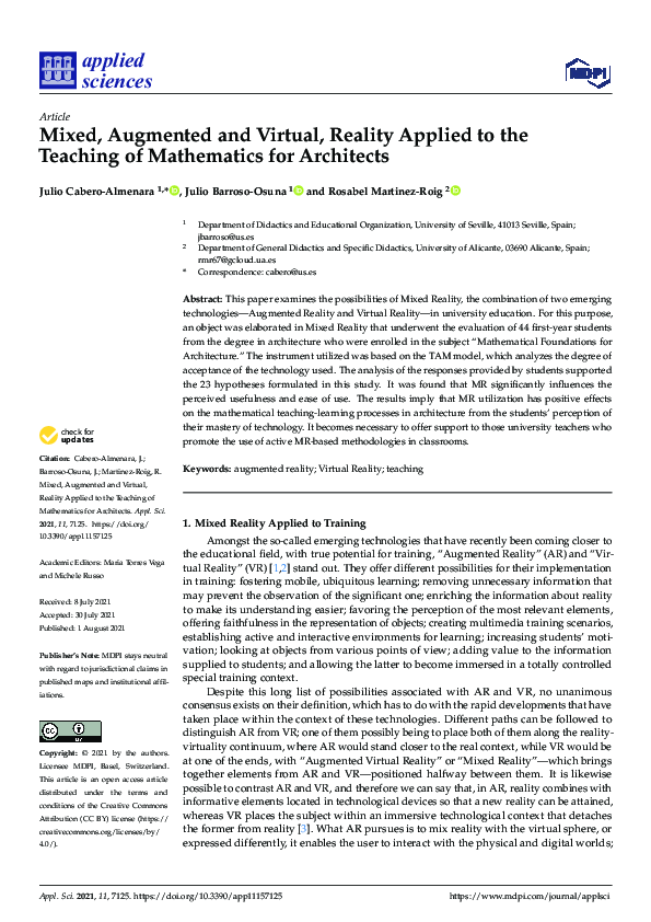 (PDF) Mixed, Augmented and Virtual, Reality Applied to the Teaching of ...
