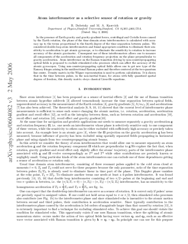 (PDF) Atom interferometer as a selective sensor of rotation or gravity