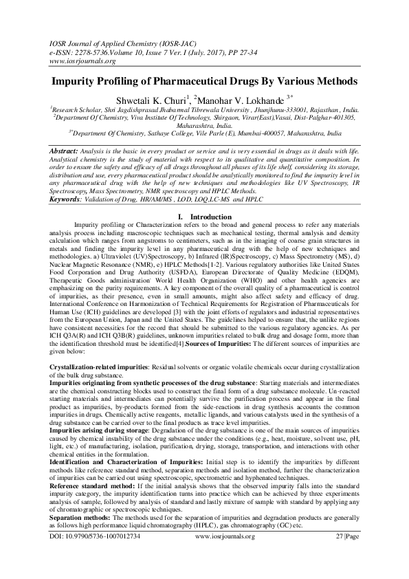 (PDF) Impurity Profiling of Pharmaceutical Drugs By Various Methods