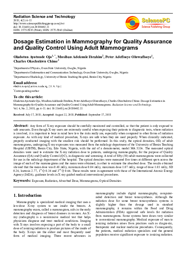 (PDF) Dosage Estimation in Mammography for Quality Assurance and ...