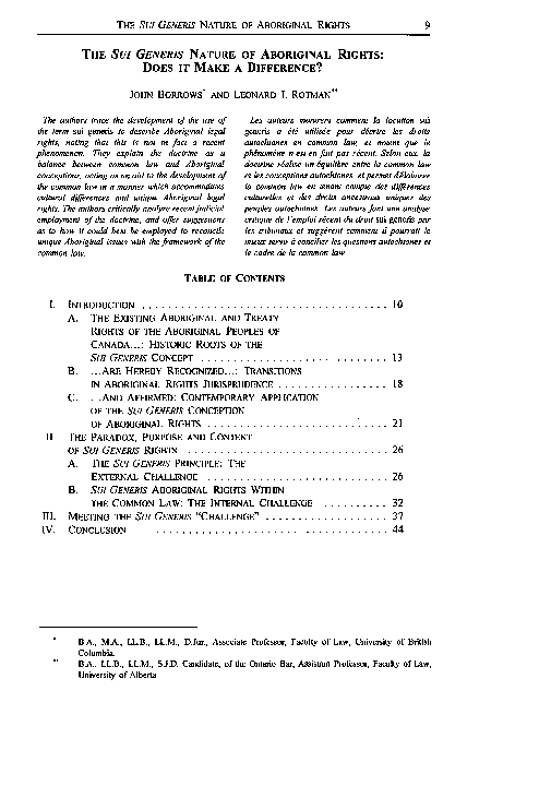 (PDF) Sui Generis Nature of Aboriginal Rights: Does it Make a ...