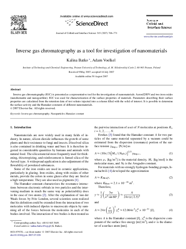 (PDF) Inverse gas chromatography as a tool for investigation of