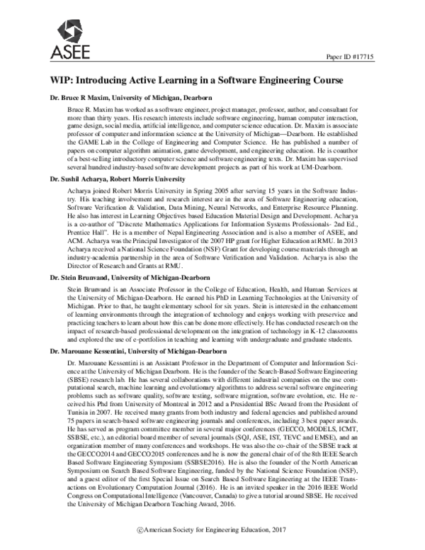 (PDF) WIP: Introducing Active Learning in a Software Engineering Course