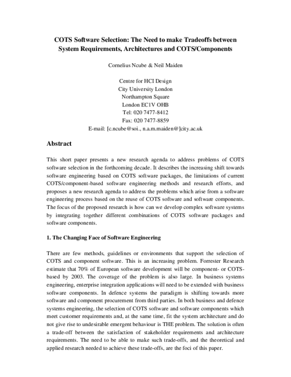 (PDF) COTS Software Selection The Need to make Tradeoffs between System Requirements